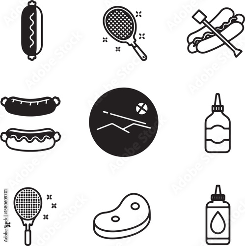 Collection of black and white illustrated icons depicting summer and food related elements