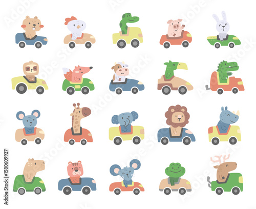 Animal driver car character set in scandinavian style featuring cute cartoon animals riding vehicles for transport themed decoration and creative designs projects