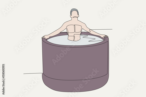 Colored man soaking in the bath for relaxation. Mental health retreats concept one-line drawing