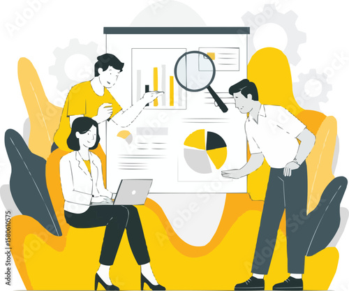 Diverse team collaborates on business strategy analysis using charts and data visualization