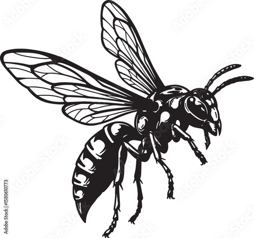 Elegant black and white illustration of a flying wasp insect in a vector graphic design