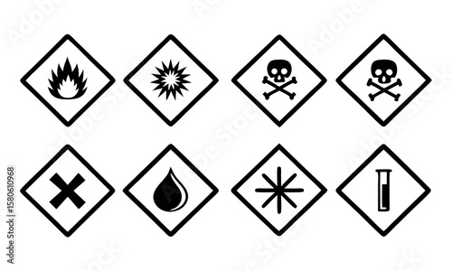 A Collection of Hazard Pictograms Warning of Various Dangers Such as Fire, Explosion, Toxicity, Irritation, and Corrosiveness Chemicals Risks