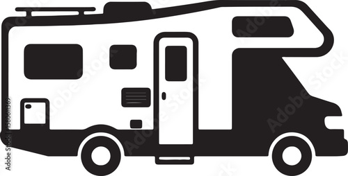 Minimalist black and white illustration of a recreational vehicle for adventure and road trips