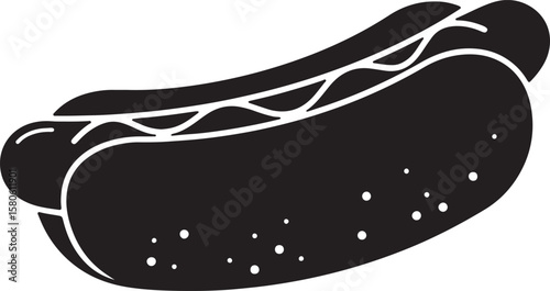 Simple black and white illustration of a delicious hot dog with mustard in a bun
