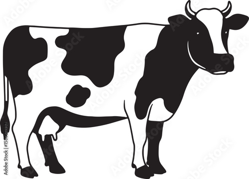 Simple black and white illustration of a dairy cow standing on white background