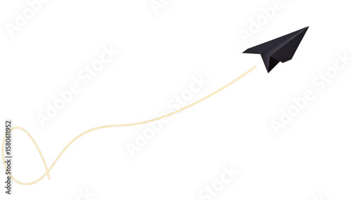 A black paper airplane flies upwards leaving a curved yellow trail against a white background view image