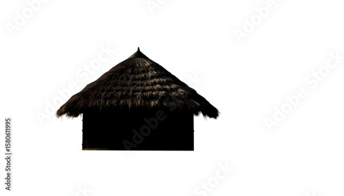 A thatched roof hut with dark walls set against a plain white background in a simple composition
