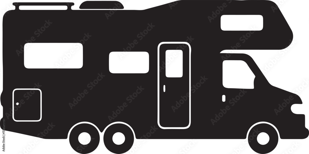 Simple black and white illustration of a recreational vehicle for travel and adventure Simple black and white illustration of a recreational vehicle for travel and adventure