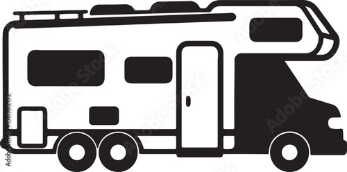 Simple black and white illustration of a motorhome rv for travel and adventure