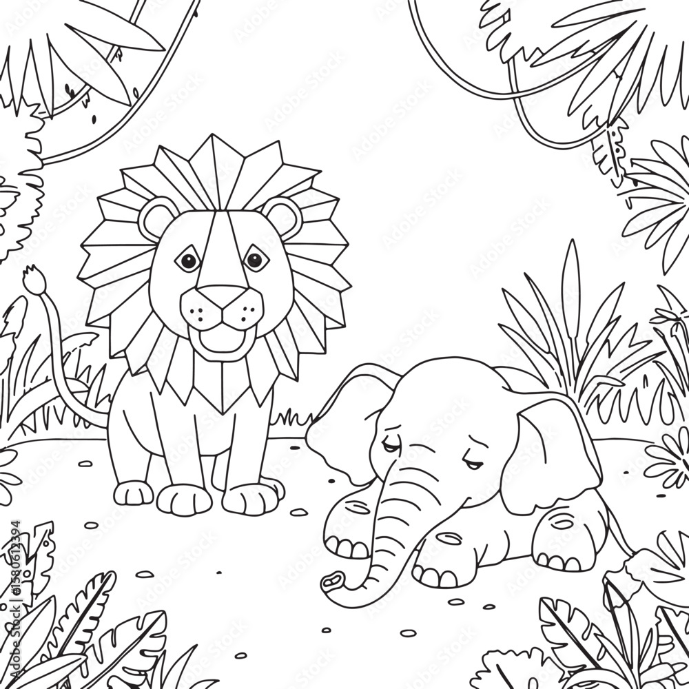 Fototapeta premium Simple black and white illustration of lion and elephant in a jungle scene