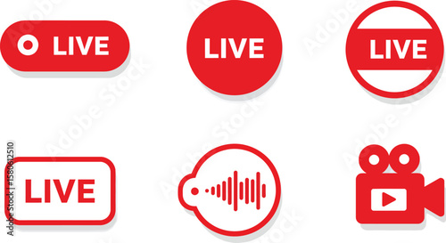 Live Streaming Icon Set – 6 Red and White Symbols Featuring “LIVE” Labels, Waveform, and Camera for Media and Broadcast UI