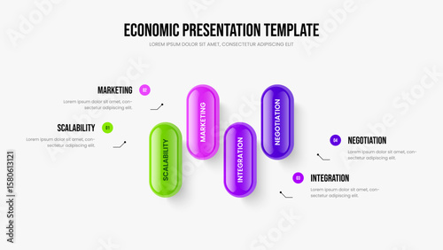 Sales Solution Four Element Infographic Presentation Design. Product Strategy 4 Step Diagram Frame Template. Investor Report Slide Layout Vector Illustration.