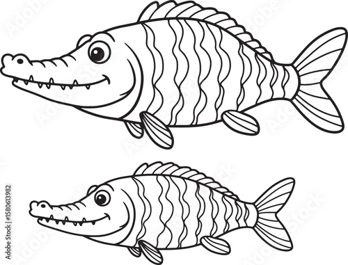 Two smiling cartoon alligator gar fish outline illustrations for coloring or design