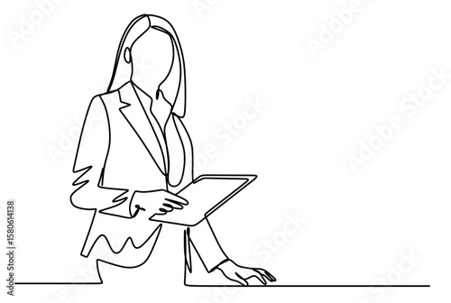 continuous line art of a career woman in a suit holding a piece of work paper. concept of a working woman