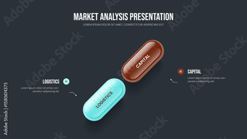 Project Solution Slideshow Design Vector Illustration. Visual Development 2 Step Diagram Presentation Layout. Market Forecast Two Element Infographic Slide Template.