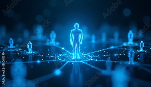 Wallpaper Mural Network of interconnected human figures with a central glowing silhouette against a blue background Torontodigital.ca
