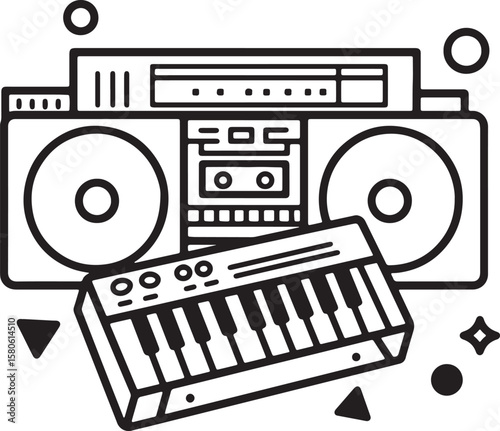 Vector illustration of a retro boombox and synthesizer keyboard isolated on white