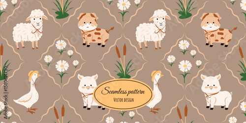 Modern, vintage, seamless pattern with cute pets. Ram, pig, cow, goose in a hat, flowers, reeds, hand-drawn in a modern style. Vector flat illustration.