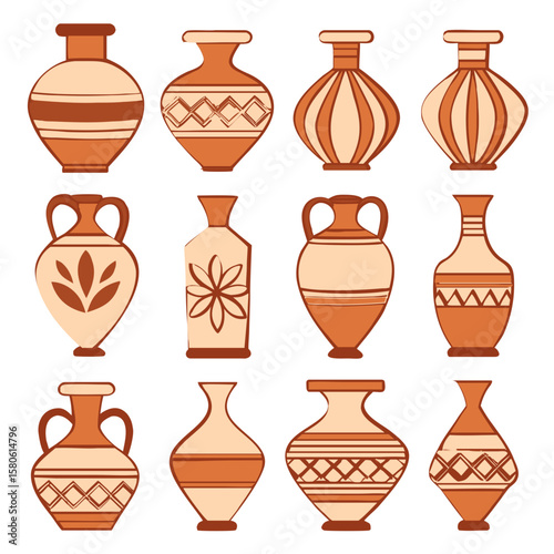 Assorted terracotta ceramic vessels with decorative patterns