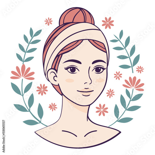 Woman face floral wreath skincare beauty