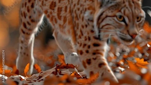 Lynx prowling through autumn forest with striking orange leaves on the ground