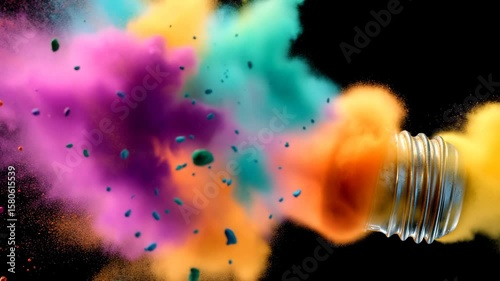 A burst of vibrant multicolored powder erupting from a light bulb socket, symbolizing creativity, energy, and inspiration. The contrast of vivid pigments against the black background evokes a sense