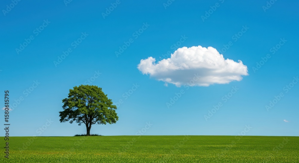 Obraz premium A single tree standing in a green field with a cloud in the bright blue sky