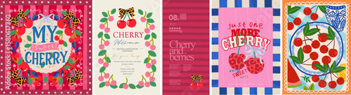 Cherry. Vector illustration of berries, table with plate, event invitation, t-shirt print and label for poster, greeting card, wall art or background