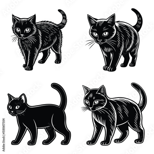 Four black cats walking