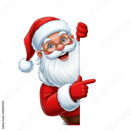 Smiling santa claus peeking around a corner pointing