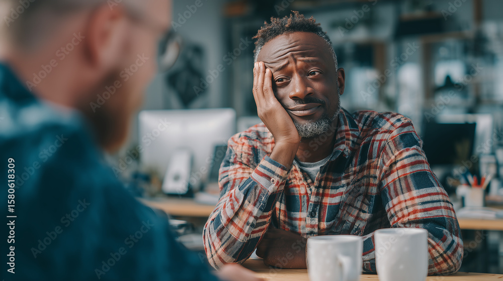 Fototapeta premium African American man looks concerned as he receives advice from colleague. He appears worried about information and feels stressed