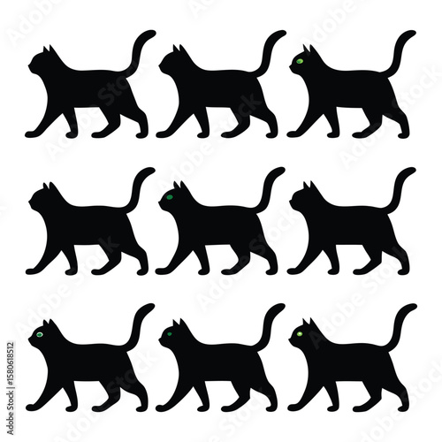 Nine black cats walking with green eyes