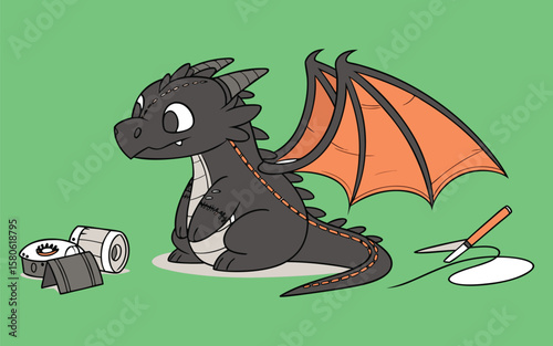 Cute black plush dragon with vibrant orange wings sitting realistically on a white surface high detail