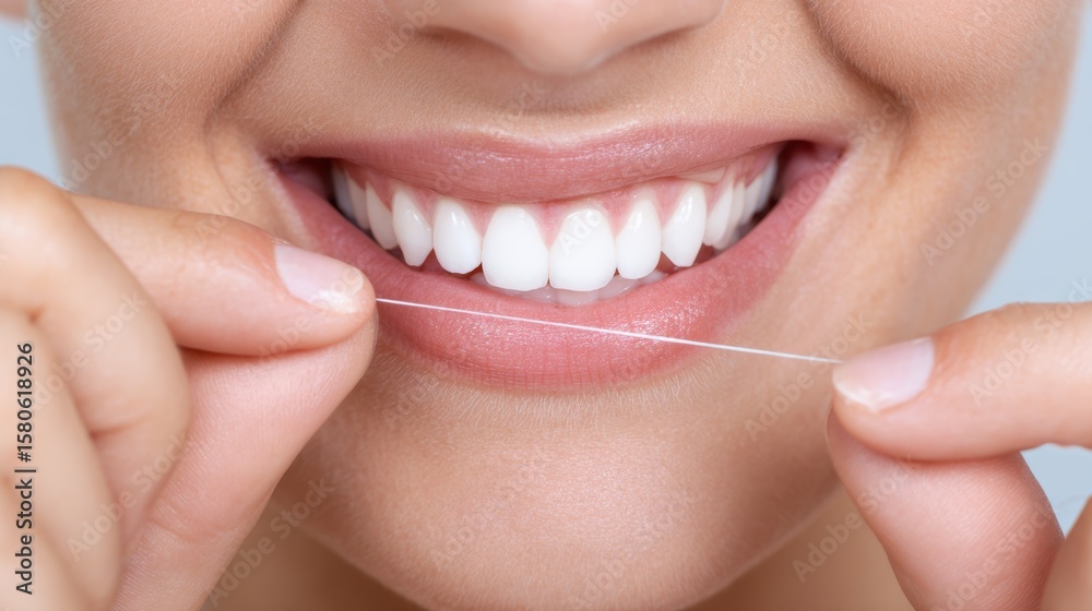 Fototapeta premium Female adult brushing teeth diligently in a bright bathroom with mirror reflection