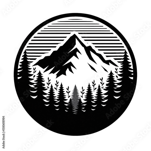 Black and white circular emblem featuring a stylized mountain range and pine forest