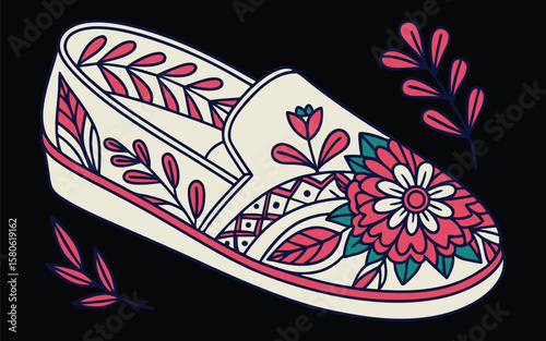 Intricate and vibrant floral embroidery pattern with detailed hand stitched design elements