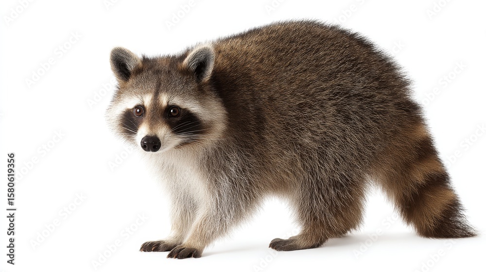Obraz premium A charming raccoon stands on all fours. Its soft fur and playful demeanor make it an engaging subject. This image captures the beauty of wildlife photography. Perfect for nature lovers. AI