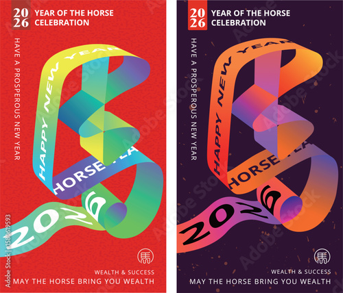 Vibrant 2026 Year of the Horse poster with colorful ribbon and festive New Year greeting banner, poster or Flyer Templates, word meaning Horse