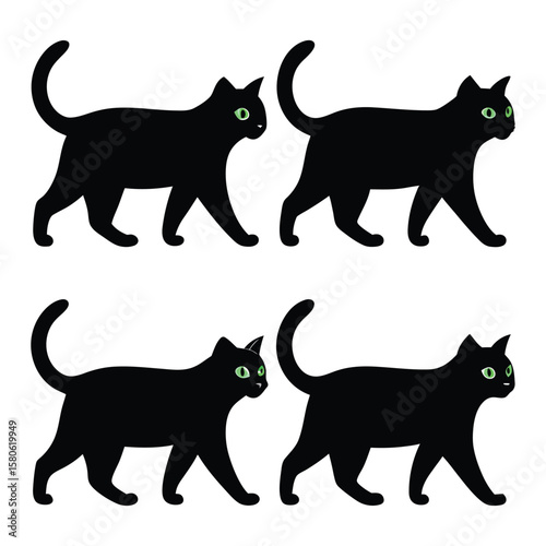 Four black cats walking with green eyes