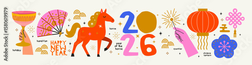 2026. Year of the Horse. Happy New Year! Vector cute illustrations of horse, fan, sparklers in hand, Chinese lanterns and festive elements and objects for icons, greeting card or congratulations