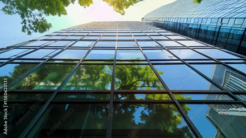 A building with reflective facades surrounded by trees under bright sunshine. Suitable for real estate advertising, architectural projects and presentations about urban ecology.
