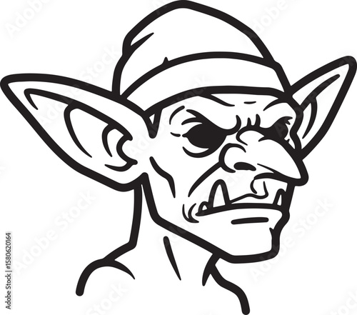 A detailed illustration of a grumpy goblin character portrait in bold black and white