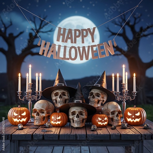 A creepy halloween display with skulls wearing witch hats, carved pumpkins, and candles under a happy halloween banner and a full moon