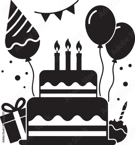 Black and white birthday illustration with cake candles balloons party hat gift and decorations