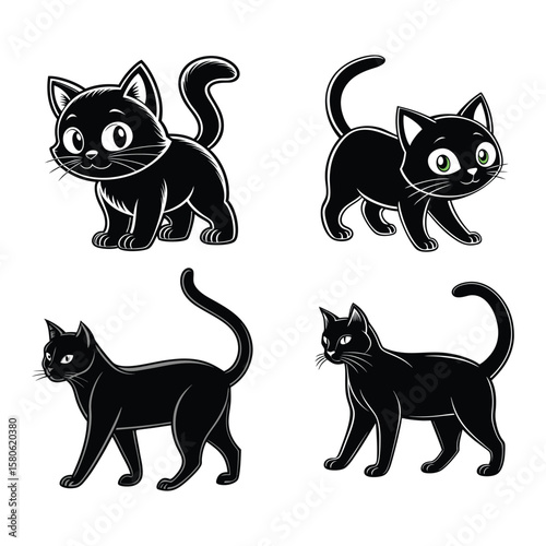 Four black cats walking