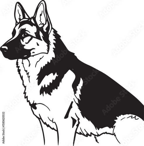 Black and white illustration of a dignified german shepherd dog in a seated position