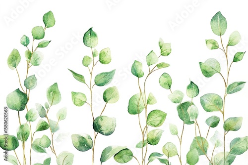 Green foliage watercolor gold lines white background