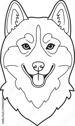 Black and white outlined happy smiling husky dog face isolated on white background