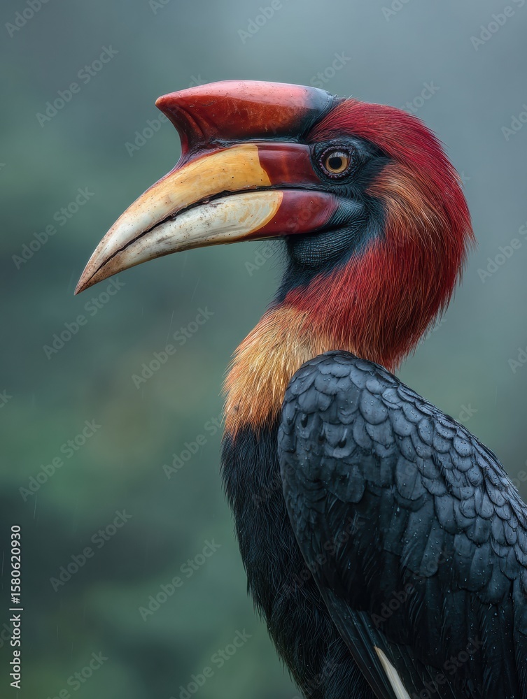 Fototapeta premium Helmeted Hornbill Perched Gracefully in a Misty Rainforest, Showcasing Vibrant Plumage and Unique Bill Structure