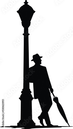 Silhouette of a Mysterious Figure by a Victorian Lamp Post with Umbrella Adding an Air of Noir